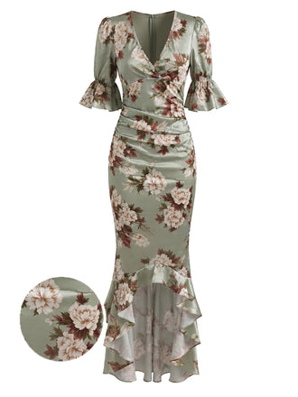 Robe Florale Froncée à Col V avec Volants Vert Années 1930