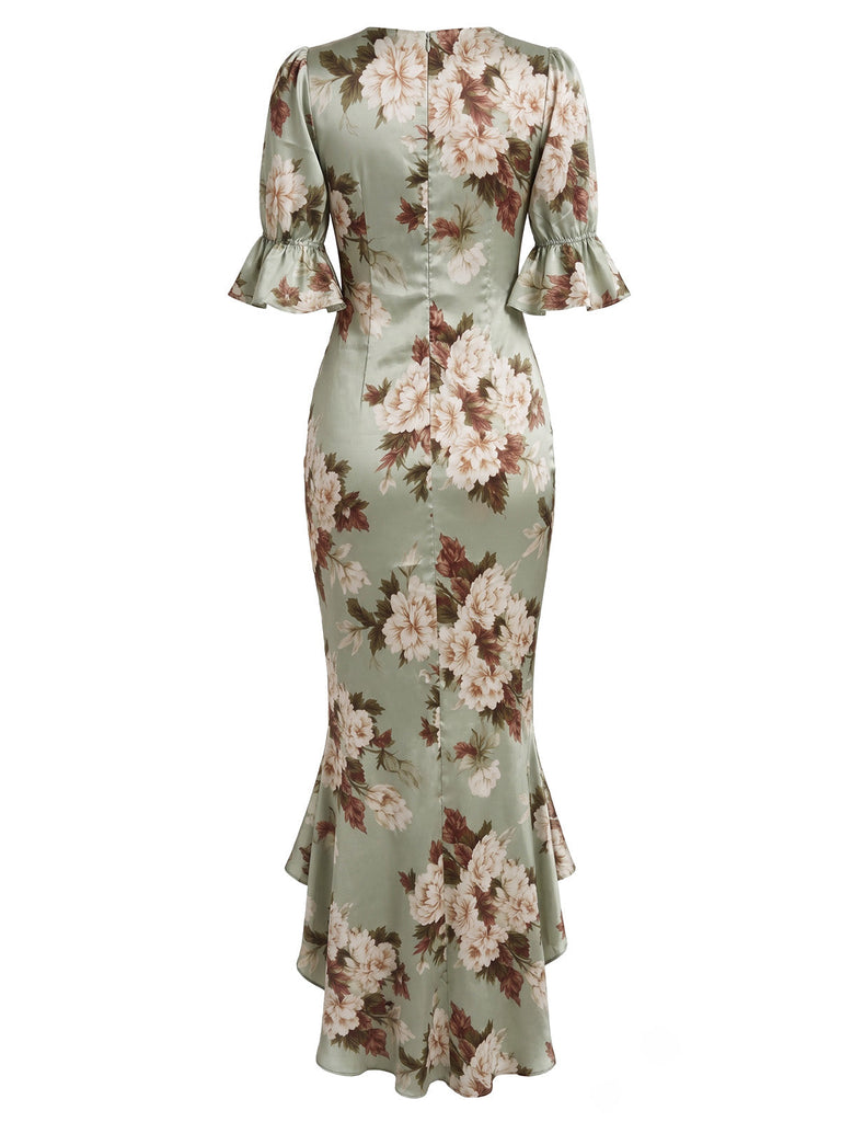 Robe Florale Froncée à Col V avec Volants Vert Années 1930