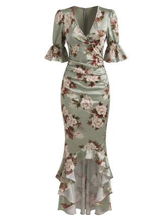 Robe Florale Froncée à Col V avec Volants Vert Années 1930
