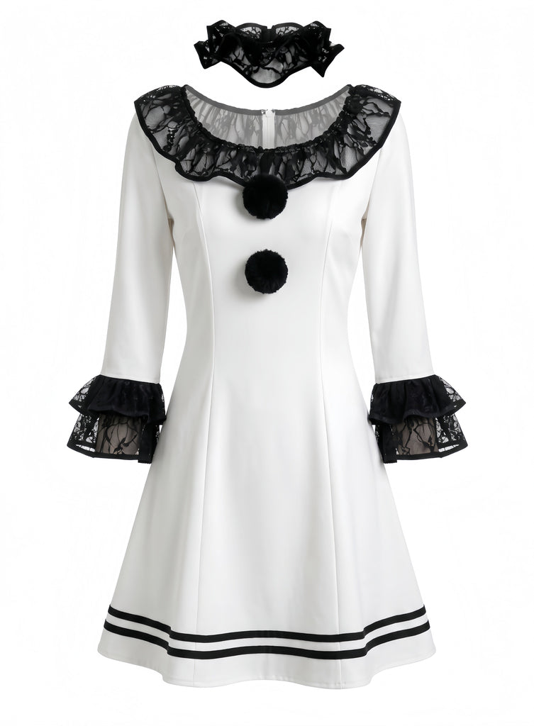 4PCS Robe Cosplay Clown Pierrot à Volants en Dentelle Noir et Blanc Années 1960