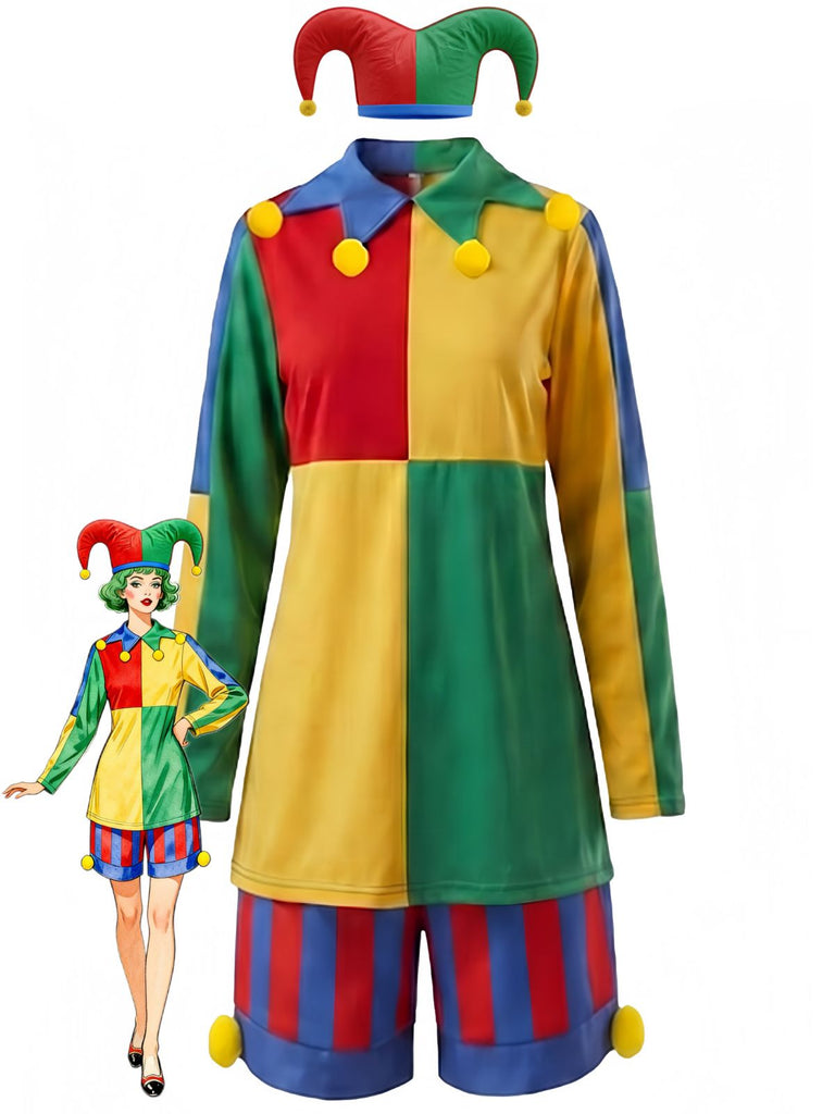 Ensemble costume de clown color block avec top, short rayé et chapeau années 1940