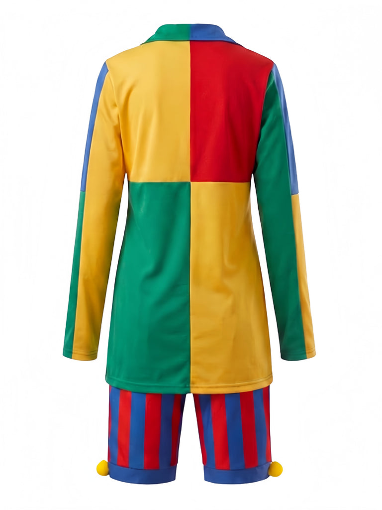 Ensemble costume de clown color block avec top, short rayé et chapeau années 1940