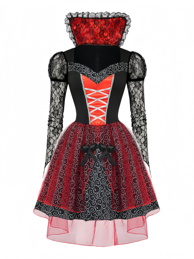 Ensemble 2PCS rouge Halloween avec robe en dentelle et tulle patchwork et cape Années 1950