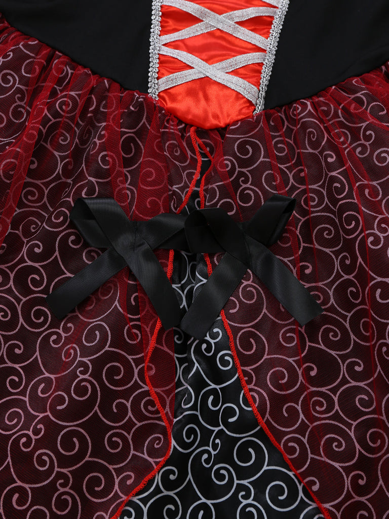 Ensemble 2PCS rouge Halloween avec robe en dentelle et tulle patchwork et cape Années 1950