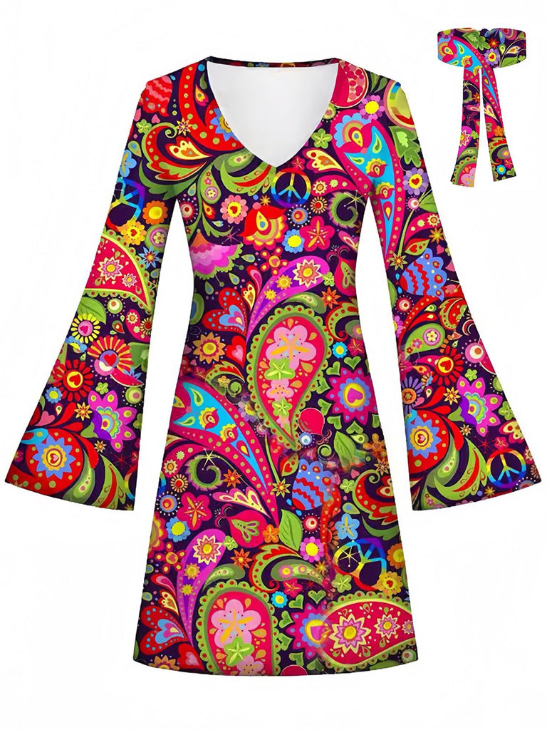 Mini Robe Multicolore Hippie Paisley Psychédélique Manches Évasées Années 1960