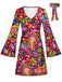 Mini Robe Multicolore Hippie Paisley Psychédélique Manches Évasées Années 1960