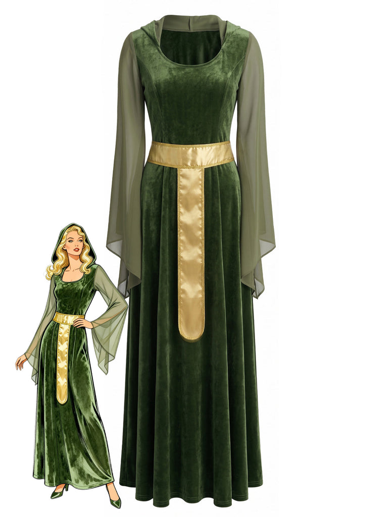 Robe longue médiévale verte en velours à manches cloche années 1930