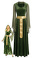 Robe longue médiévale verte en velours à manches cloche années 1930
