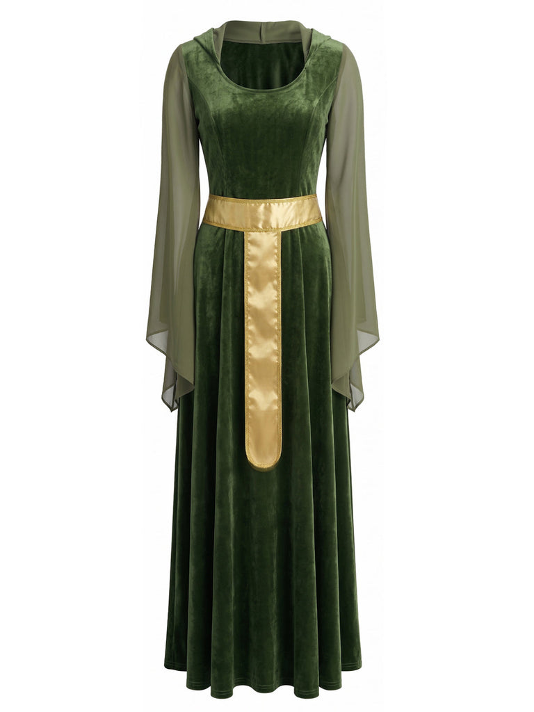 Robe longue médiévale verte en velours à manches cloche années 1930