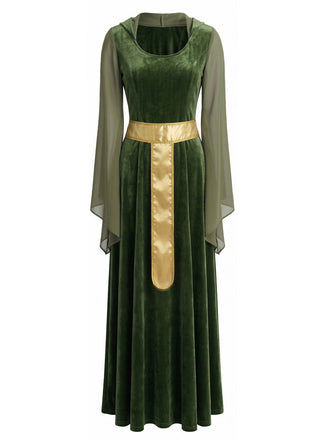 Robe longue médiévale verte en velours à manches cloche années 1930