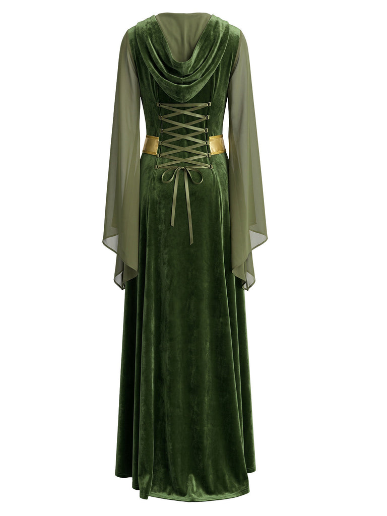 Robe longue médiévale verte en velours à manches cloche années 1930
