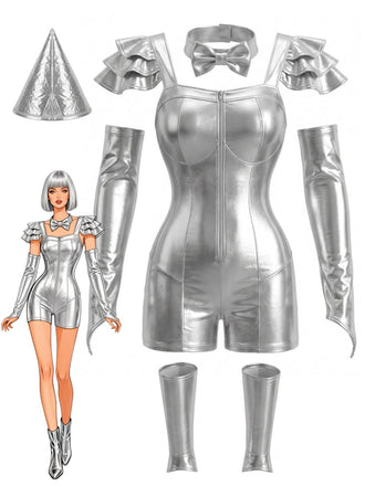 Ensemble body argenté métallique brillant et futuriste d’Halloween années 1950