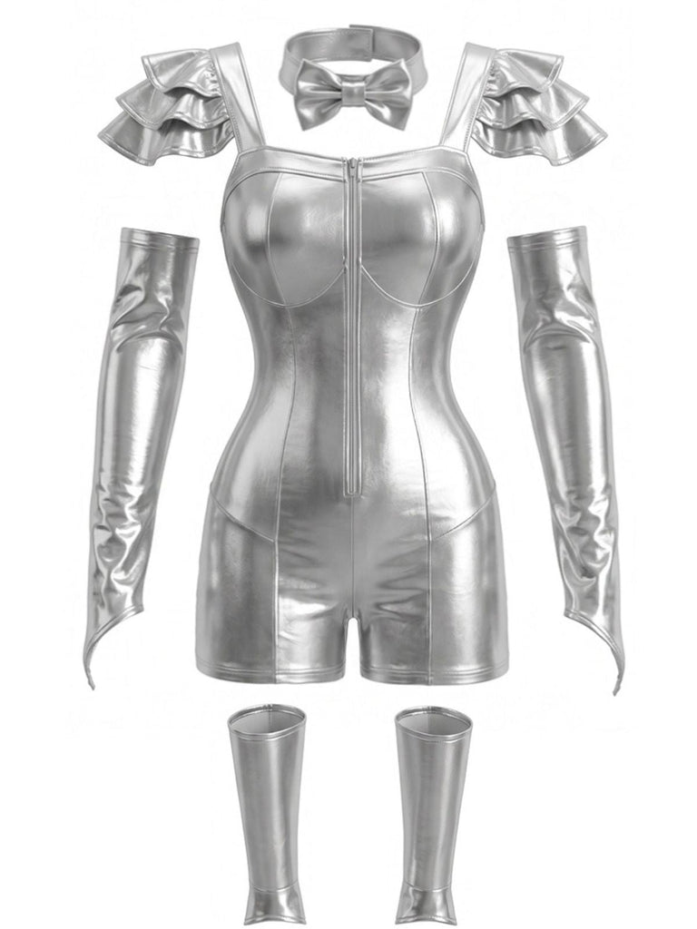 Ensemble body argenté métallique brillant et futuriste d’Halloween années 1950