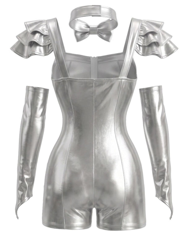 Ensemble body argenté métallique brillant et futuriste d’Halloween années 1950