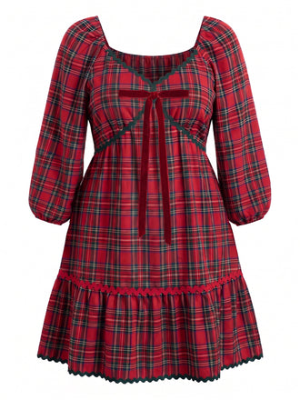 [Grande Taille] Robe évasée rouge à carreaux, col V et nœud à la taille années 1950 - 1
