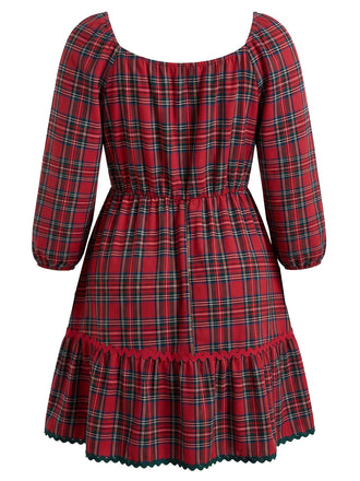 [Grande Taille] Robe évasée rouge à carreaux, col V et nœud à la taille années 1950 - 2