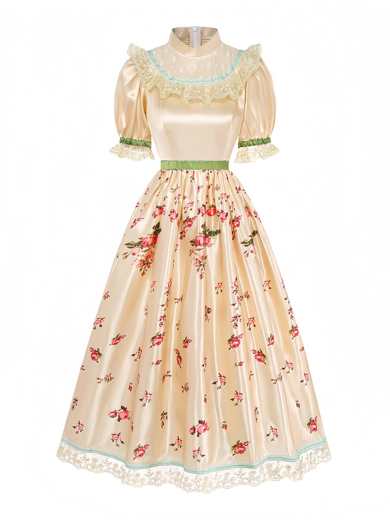Robe costume florale du Petit Chaperon rouge à manches bouffantes avec cape Années 1940