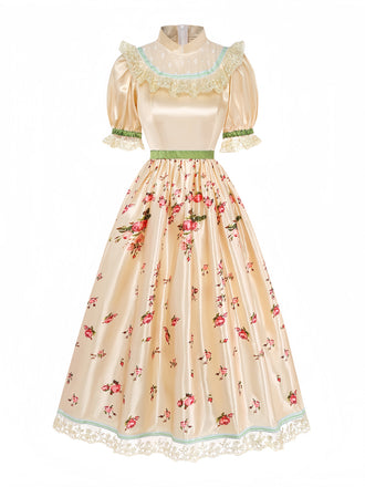 Robe costume florale du Petit Chaperon rouge à manches bouffantes avec cape Années 1940