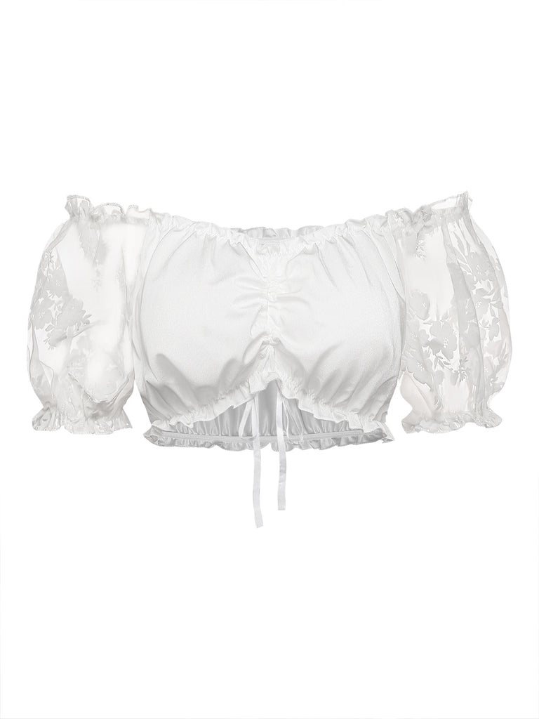 Top court blanc en dentelle froncée à manches bouffantes années 1950