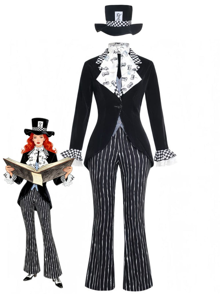 Ensemble costume cosplay Halloween 5PCS noir à rayures et coupe évasée Années 1940