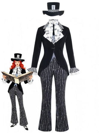 Ensemble costume cosplay Halloween 5PCS noir à rayures et coupe évasée Années 1940