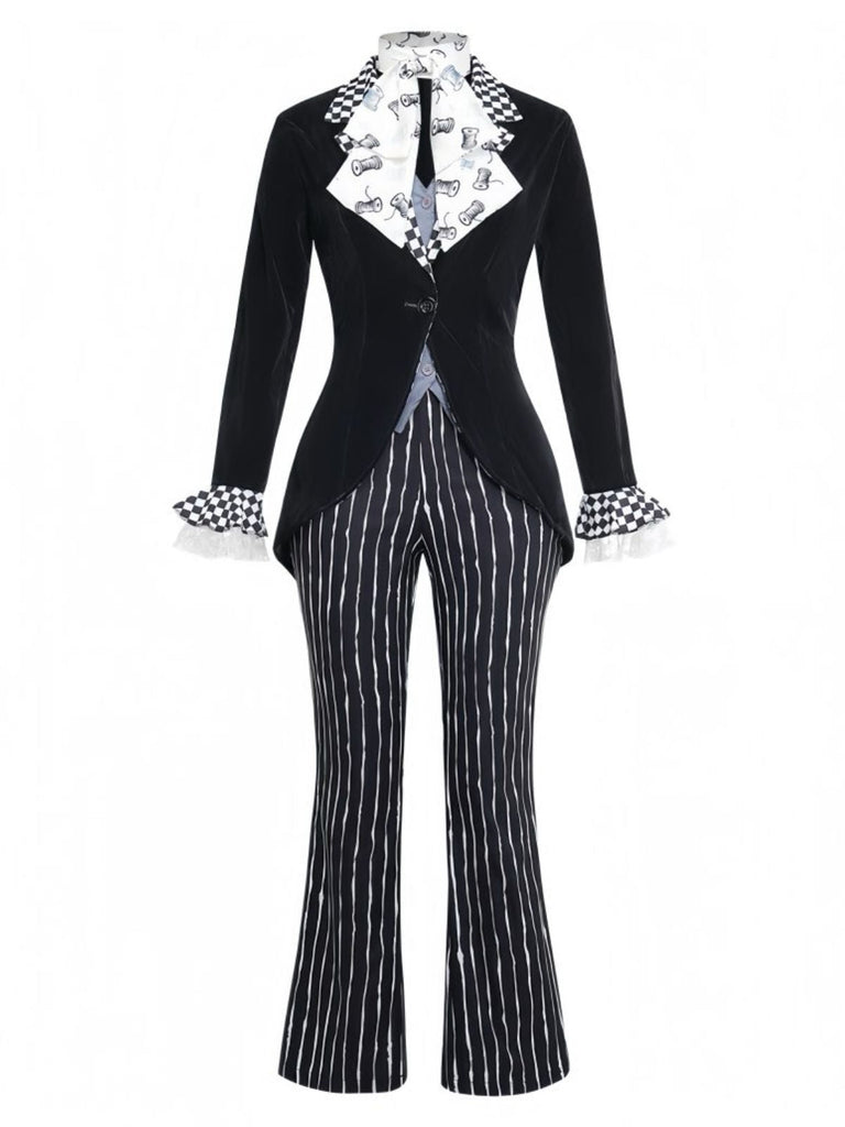 Ensemble costume cosplay Halloween 5PCS noir à rayures et coupe évasée Années 1940