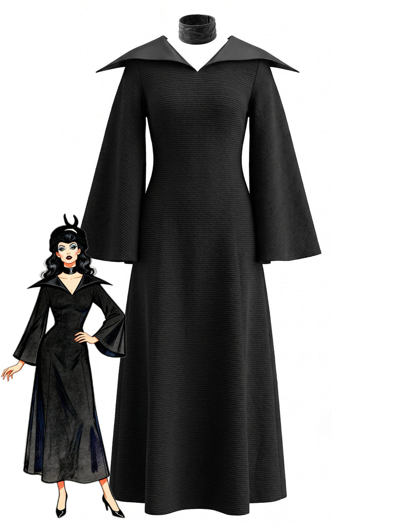 Robe Noir Gothique Witch Wing Col Manches Cloche Costume Années 1930