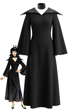 Robe Noir Gothique Witch Wing Col Manches Cloche Costume Années 1930