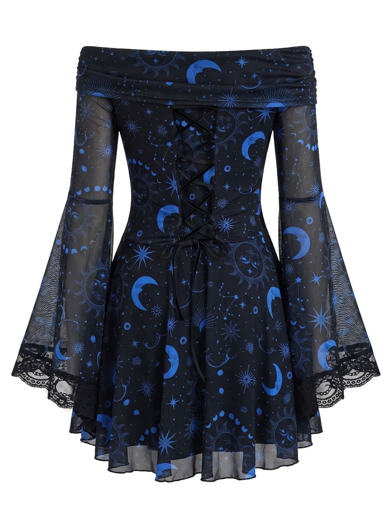 Robe Gothique Bleue Imprimé Céleste Épaules Dénudées Dentelle Années 1970 2