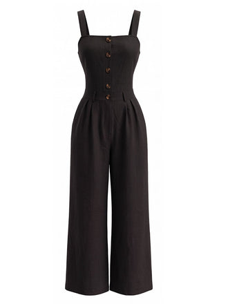Combinaison noir boutonnée sans manches encolure carrée années 1940