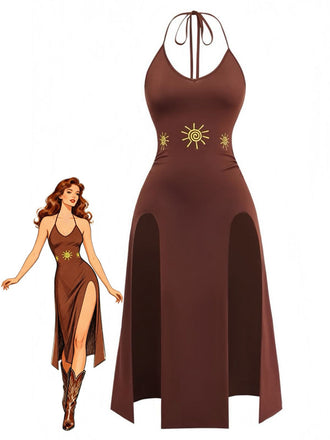 Robe marron dos nu motif soleil et double fente années 80