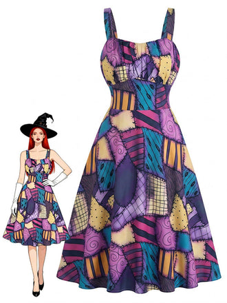 Robe en A Violette Patchwork Gothique Halloween Années 1950