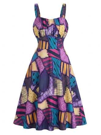 Robe en A Violette Patchwork Gothique Halloween Années 1950 2