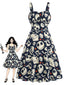 Robe trapèze noire motif squelette pour Halloween années 50