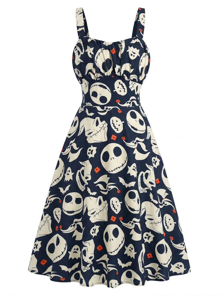 Robe Trapèze Halloween à Imprimé Squelette Noir Années 1950