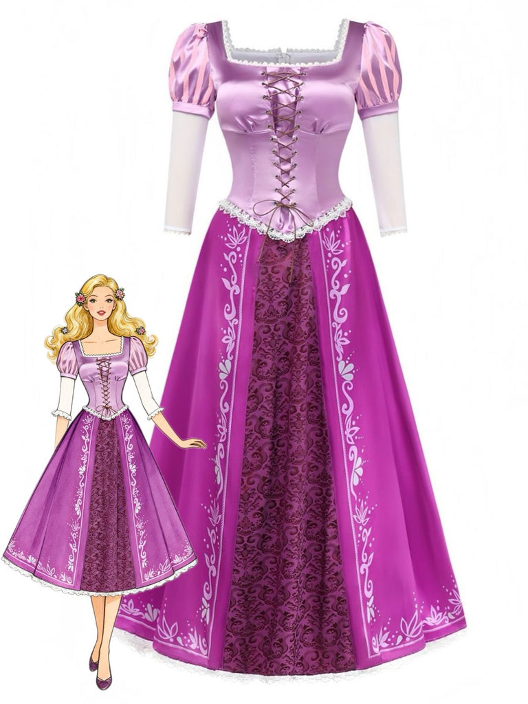 Robe costume de princesse de conte de fées violette à manches bouffantes années 1940