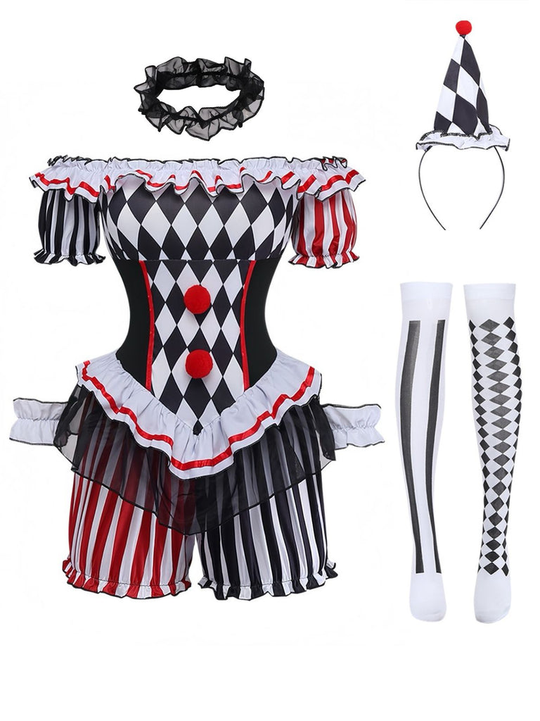 Halloween Noir Blanc Harlequin Clown Ensemble Costume Années 1950