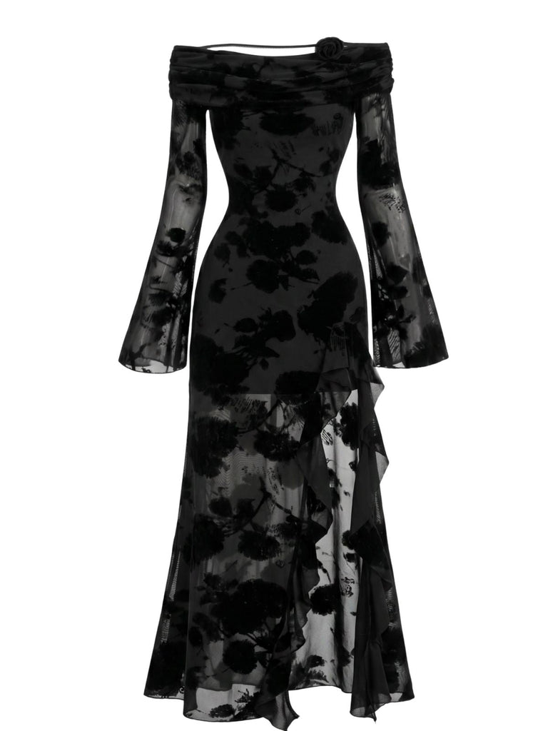 Robe Gothique Florale à Épaules Dénudées avec Fente en Tulle Noir Années 1930