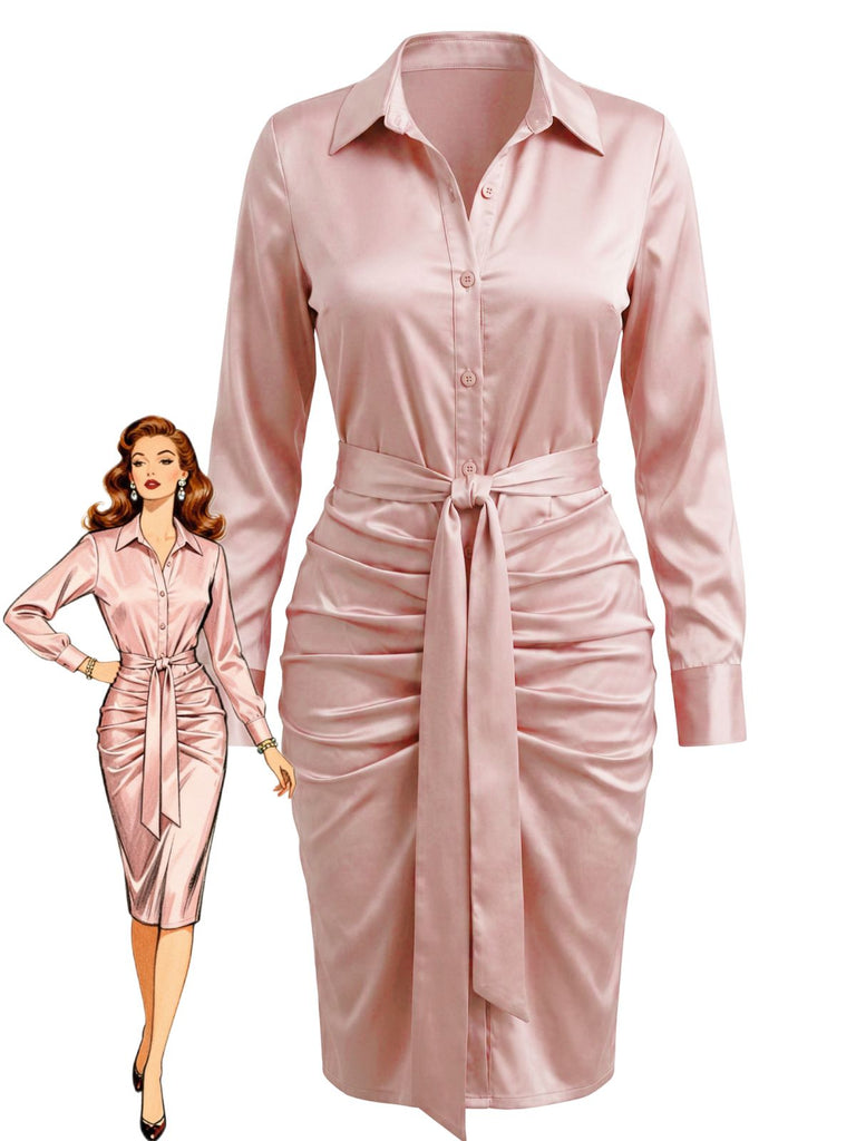 Robe-chemise en satin à taille froncée et nouée années 1960 - 1