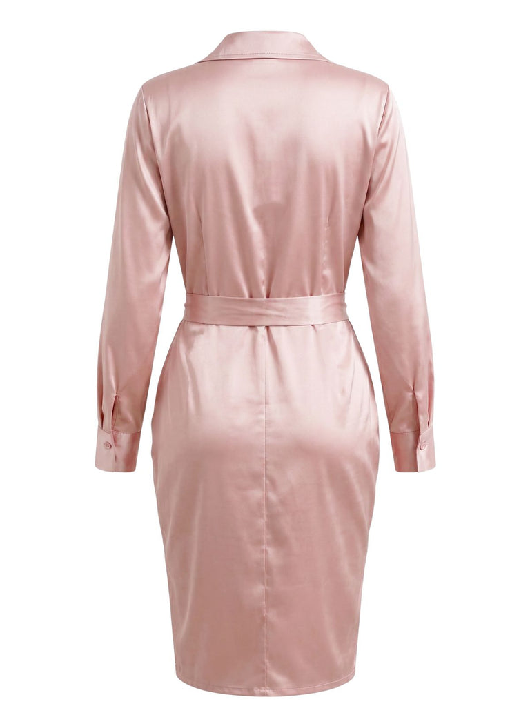 Robe-chemise en satin à taille froncée et nouée années 1960 - 3