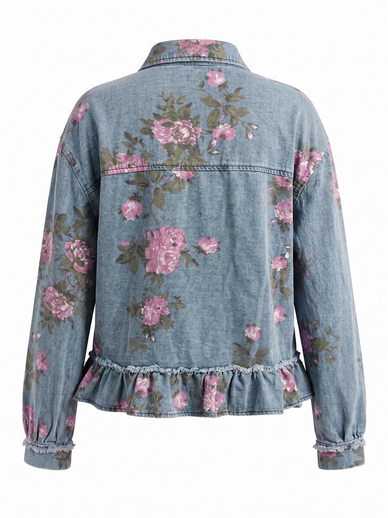 Veste Bleu Floral Denim Volant Ourlet Années 1950 2