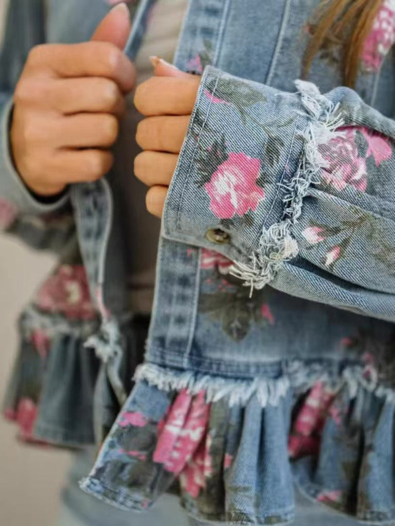 Veste Bleu Floral Denim Volant Ourlet Années 1950 5