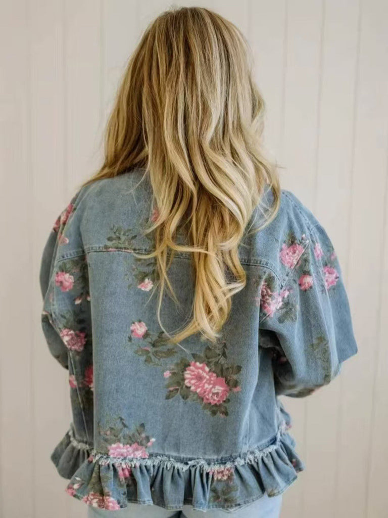 Veste Bleu Floral Denim Volant Ourlet Années 1950 6