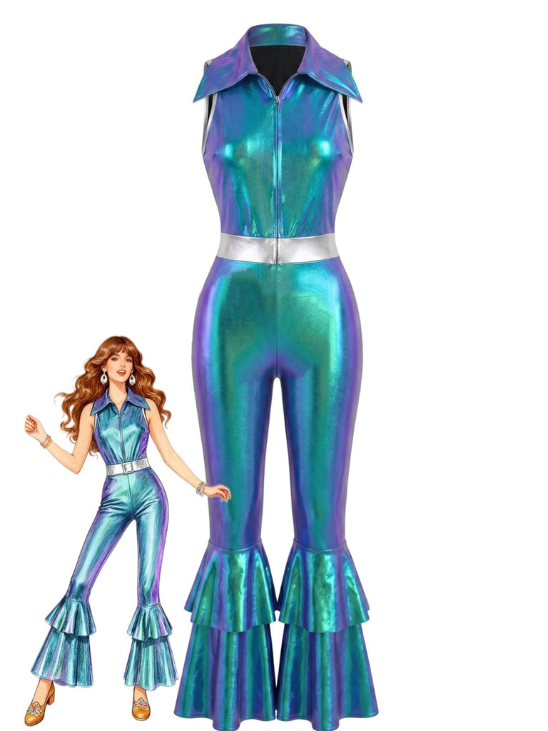 Combinaison Bleu Ceinturé Laser Métallique Tight Évasé Années 1960