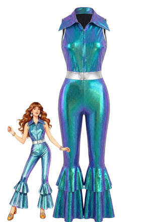 Combinaison Bleu Ceinturé Laser Métallique Tight Évasé Années 1960