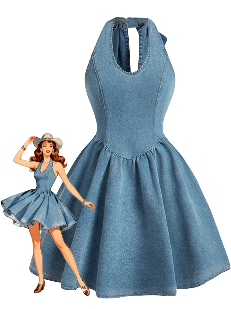 Robe Bleu Dos Nu Nœud Denim Années 1950