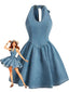 Robe jean bleue décolleté dos nu et nœud années 50