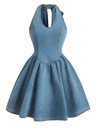 Robe Bleu Dos Nu Nœud Denim Années 1950 2