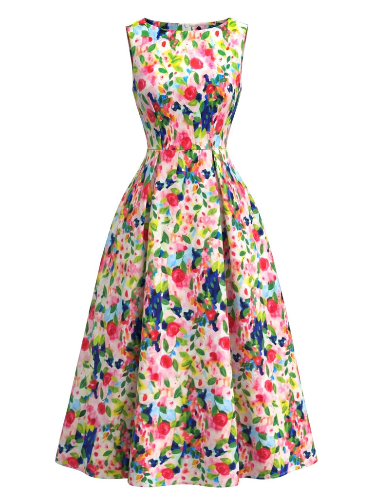 Robe Watercolor Floral Sans Manches Midi Années 1940 2