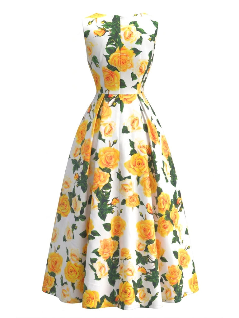 Robe Watercolor Floral Sans Manches Midi Années 1940 9